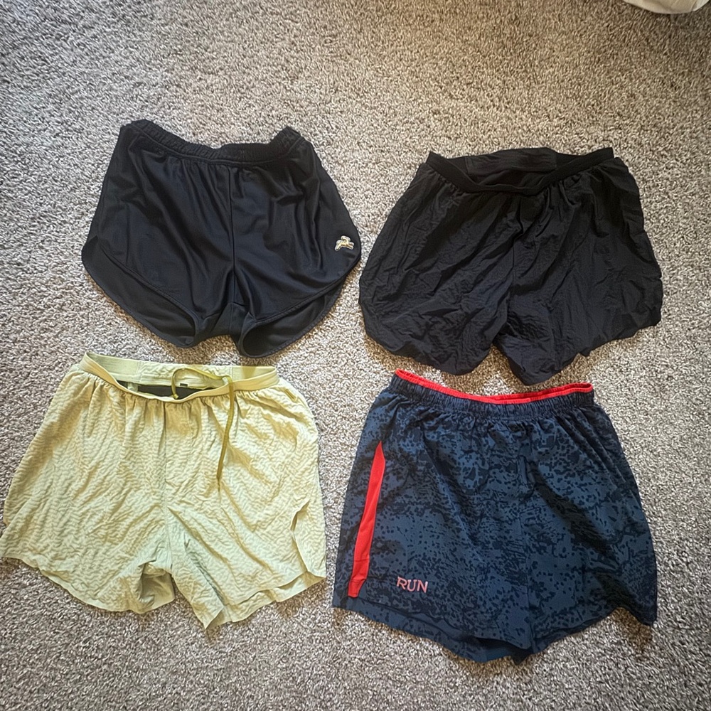 Set of Four Linerless Running Shorts. Lululemon, Tracksmith and New Balance
